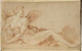 Figure féminine nue ailée, allongée vers la droite, le torse vu de face, image 1/2