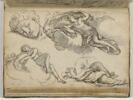 Etudes de figures sur les nuages ; reprise de la tête ; figure drapée..., image 1/2