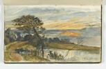 Paysage avec une étendue d'eau au soleil couchant, image 1/2