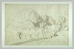 Champs plantés d'arbres et séparés par un mur ; au fond, montagne rocheuse, image 2/2