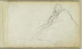 Croquis de femme assise, enveloppée dans un manteau, tenant un enfant, image 1/2