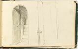 A gauche, porte entrouverte sur un escalier en colimaçon, embrasure de porte, image 1/2