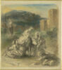 Etude pour 'Le Martyre de saint Etienne : trois personnages relevant un mort au pied de fortifications, image 1/2