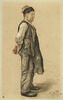 Paysan, coiffé d'un bonnet, en manches de chemise, sa veste sur l'épaule, image 1/2