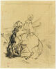 Oriental monté sur un cheval dont un homme tient la bride, se retournant, image 1/2