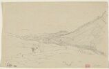 Deux arabes et un âne dans un reux de terrain au pied d'une grande colline, image 1/2