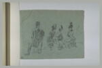 Homme assis, vu de dos, et trois dames, à chapeaux, assises, image 1/2