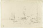 Bateaux en mer avec à droite, le rivage, image 1/2