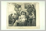 Femme assise, entourée de trois enfants, tout autour, plusieurs personnages, image 1/2