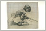 Jeune garçon agenouillé sur le sol, tenant de la main droite un long bâton, image 2/2