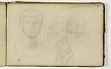Tête d'homme ; pieds ; figures agenouillée et autres esquisses, image 1/2