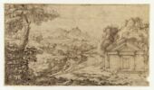 Vaste paysage montagneux, et construction précédée d'un fronton, image 1/2