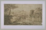 Vaste paysage montagneux, et construction précédée d'un fronton, image 2/2