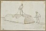 Deux hommes déroulant un cordage sur la quille d'une barque renversée, image 1/2
