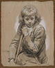 Portrait de jeune garçon, assis de face, s'appuyant sur un bâton, image 1/2