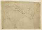 Guerrier ; femme nue, assise ; figure s'appuyant sur un baton ; homme drapé, image 1/2