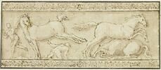 Frise avec trois chevaux et deux hommes, encadrés de guirlandes, image 1/2