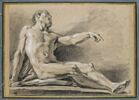 Homme nu, assis, les jambes étendues, avançant le bras gauche, image 1/2