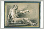 Homme nu, assis, les jambes étendues, avançant le bras gauche, image 2/2