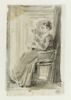 Jeune femme assise, filant sous une pergola, image 1/2