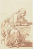 Femme assise, accoudée sur une table, tournée vers la droite, image 1/2