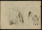 Homme assis, figure drapée, femme dessinant dans un paysage ; silhouettes, image 1/2