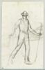 Jeune paysan coiffé d'un chapeau rond, marchant avec un bâton, image 1/2