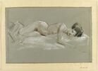 Femme nue couchée sur le côté gauche, les jambes recouvertes d'une étoffe, image 1/2