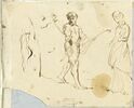 Femme aux bras levés ; homme tirant un cheval ; femme de dos, image 1/2