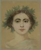 Portrait de femme, visage de face, cheveux bruns roux, ornés d'une couronne, image 1/3