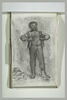 Homme debout, de face, ouvrant sa chemise, image 2/2