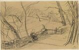 Bretonne assise sur le muret en bordure d'un champ, bordé d'arbres, image 1/2
