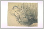 Femme nue, allongée sur un canapé, portant des bas noirs, image 2/2
