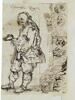 Caricature d'un homme debout, vu de profil ; têtes caricaturées, image 1/2