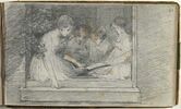 Une jeune fille et quatre enfants lisant un livre, dans l'encadrement d'une fenêtre, image 1/2