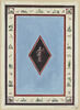 Projet de boiserie : panneau vertical bleu clair, orné au centre d'une figure féminine drapée dans un losange, sur fond noir. Encadrement à motifs floraux et animaliers sur fond clair, image 1/3
