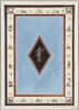 Projet de boiserie : panneau vertical bleu clair, orné au centre d'une figure féminine drapée dans un losange, sur fond noir. Encadrement à motifs floraux et animaliers sur fond clair, image 2/3