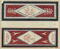 Projet de décor de boiserie : deux panneaux rectangulaires horizontaux ornés de figures féminines drapées à l'intérieur de losanges, sur fond rouge, image 1/3