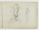 Femme nue, un genou à terre, tenant les bras au-dessus de sa tête ; petite silhouette debout tenant un baluchon, image 1/2