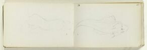 Léger croquis inachevé d'une silhouette vue à mi-jambes, de profil à droite, image 1/2