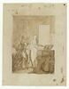 Scène XVIIIe : deux jeunes femmes dans un intérieur avec un clavecin et un violoncelle (?), l'une d'elle donne sa main à baiser à un jeune homme, image 1/2