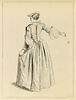 Femme debout coiffée d'un petit chapeau, vue de dos, image 1/2