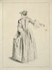 Femme debout coiffée d'un petit chapeau, vue de dos, image 2/2