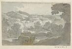 Vue panoramique avec des maisons, un pont, une rivière serpentant entre des rives boisées et des montagnes à l'horizon, image 1/2
