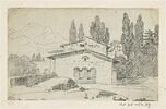 Paysage avec groupe de maisons parmi les arbres et montagne dans le fond, image 1/2