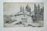 Paysage avec groupe de maisons parmi les arbres et montagne dans le fond, image 2/2