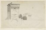 Vue sur une forteresse ( ?) avec des grandes tours carrées flanquées d'arbres et autre bâtiment dans le fond, image 1/2