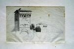 Vue sur une forteresse ( ?) avec des grandes tours carrées flanquées d'arbres et autre bâtiment dans le fond, image 2/2