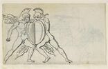 Deux guerriers nus, casqués, s'affrontant et enlèvement d'une femme par un homme coiffé d'un pileus, image 1/2