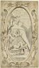 Cartouche ovale surmonté d'un mascaron entouré de cuirs avec, au centre, le Songe de Constantin, image 1/2
